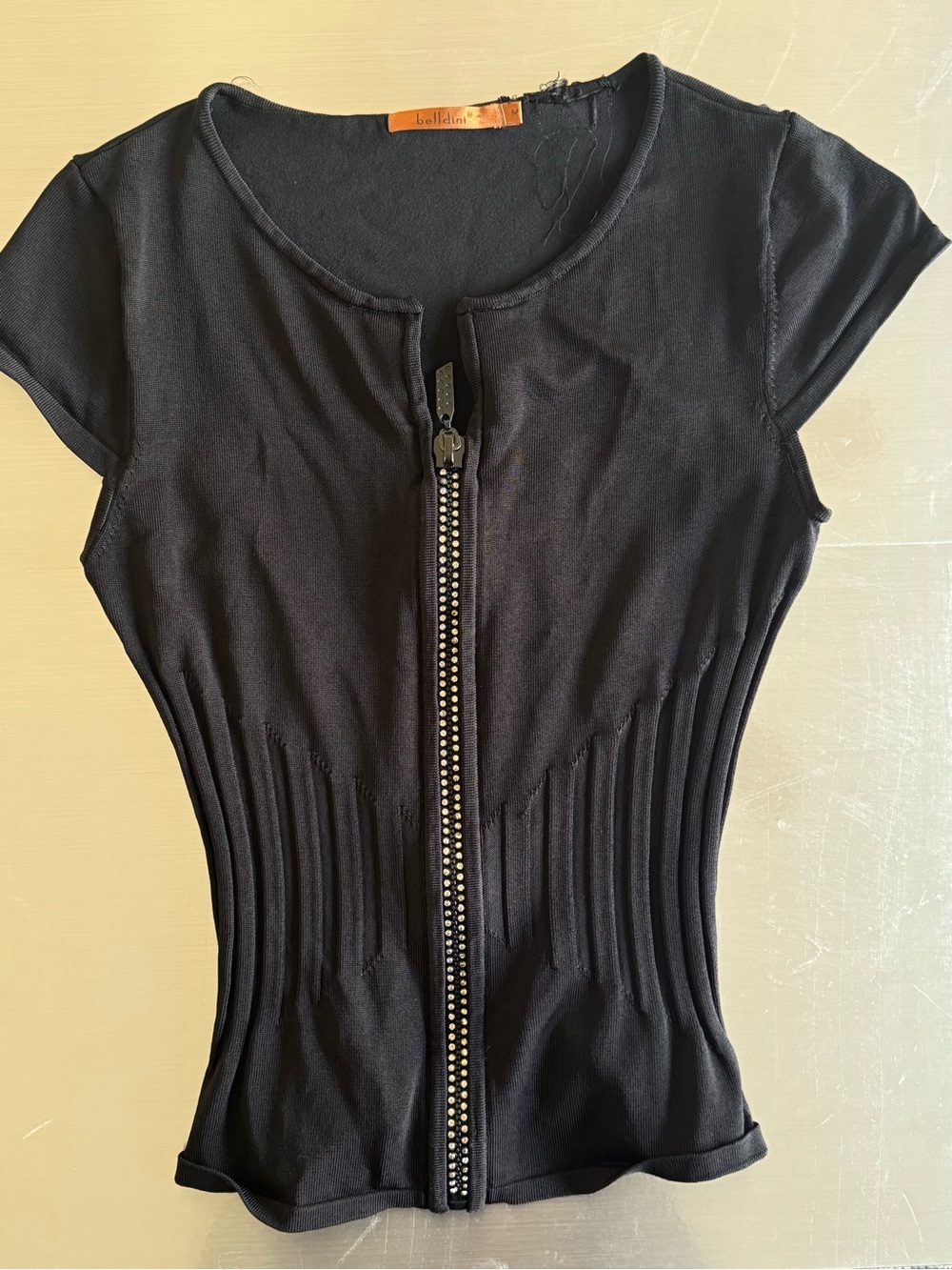 Belldini Black Short-Sleeve Zip-Front Ribbed Waist Top